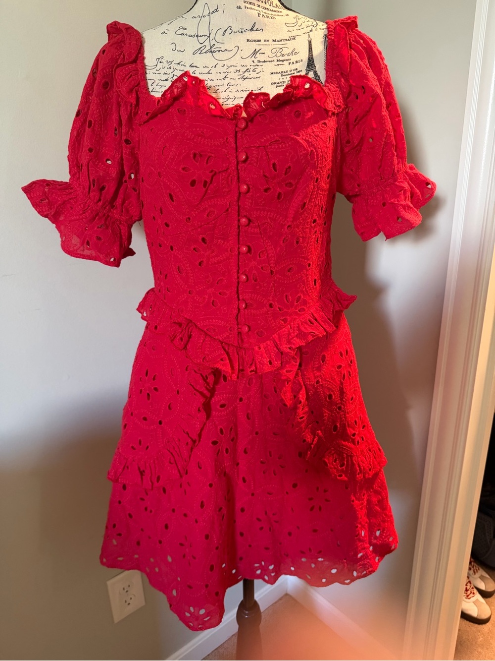 Baby Pink Red Eyelet Ruffled Dress size M